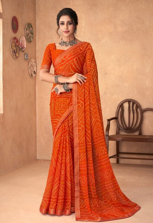 Orange Bandhani Foil Printed Saree