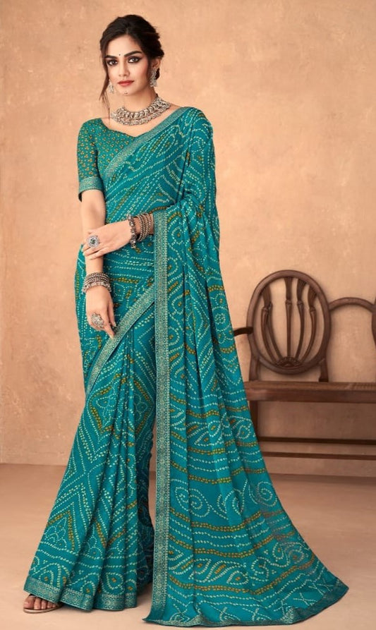 Rama Bandhani Foil Printed Saree