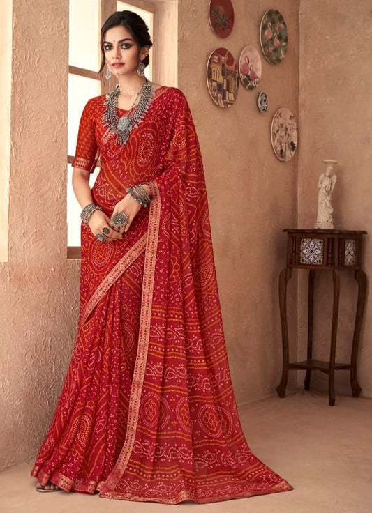 Red Bandhani Foil Printed Saree