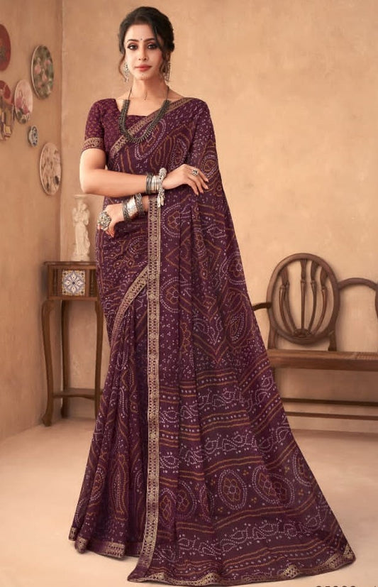 Wine Bandhani Foil Printed Saree