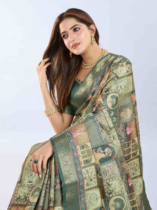 Tussar Silk Printed Saree – Green