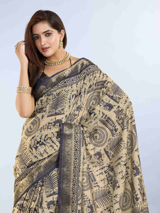 Tussar Silk Printed Saree – Black